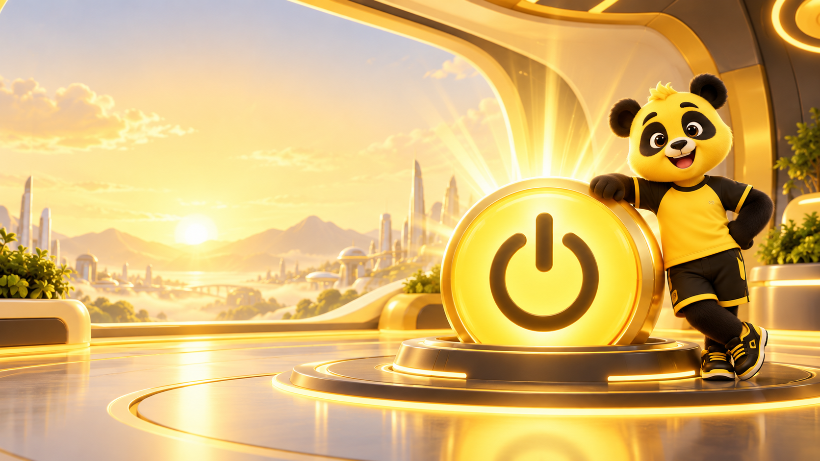 Sunny the yellow-and-black panda with the golden Power Station launch button