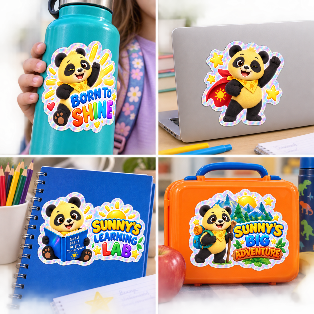 Sunny vinyl stickers shown on a water bottle, laptop, notebook, and lunch box