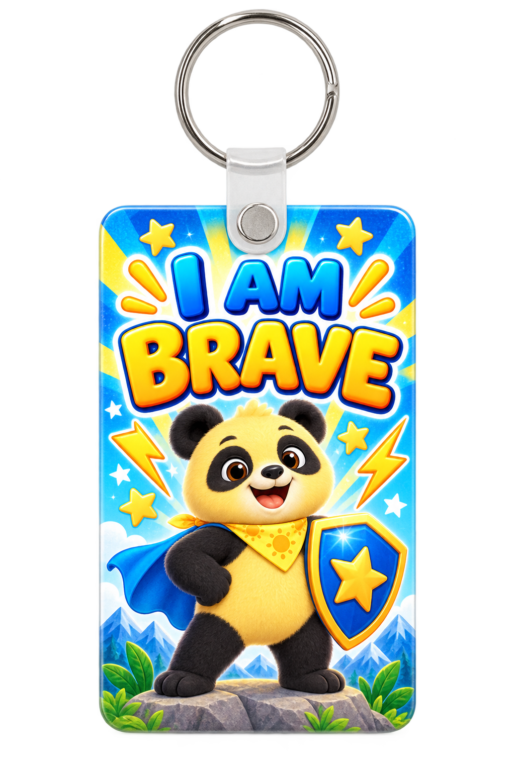 I Am Brave Sunny the Panda backpack tag with a superhero cape and shield