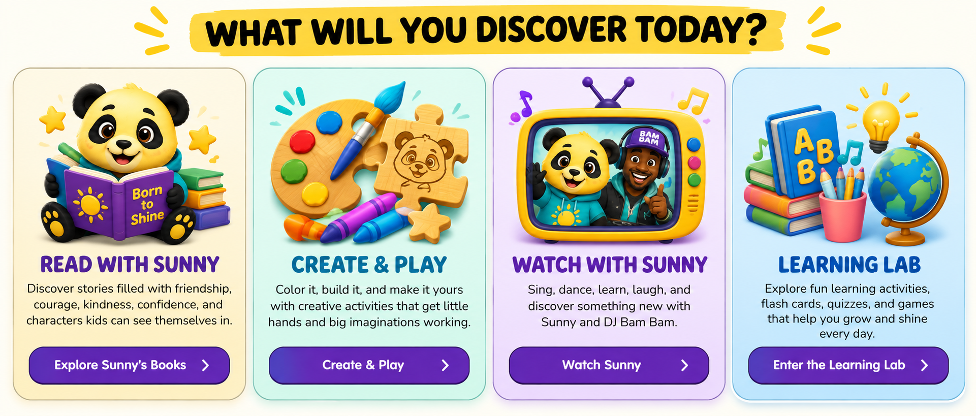 What will you discover today? Four Sunny choices: Read with Sunny, Create & Play, Watch with Sunny, and the Learning Lab