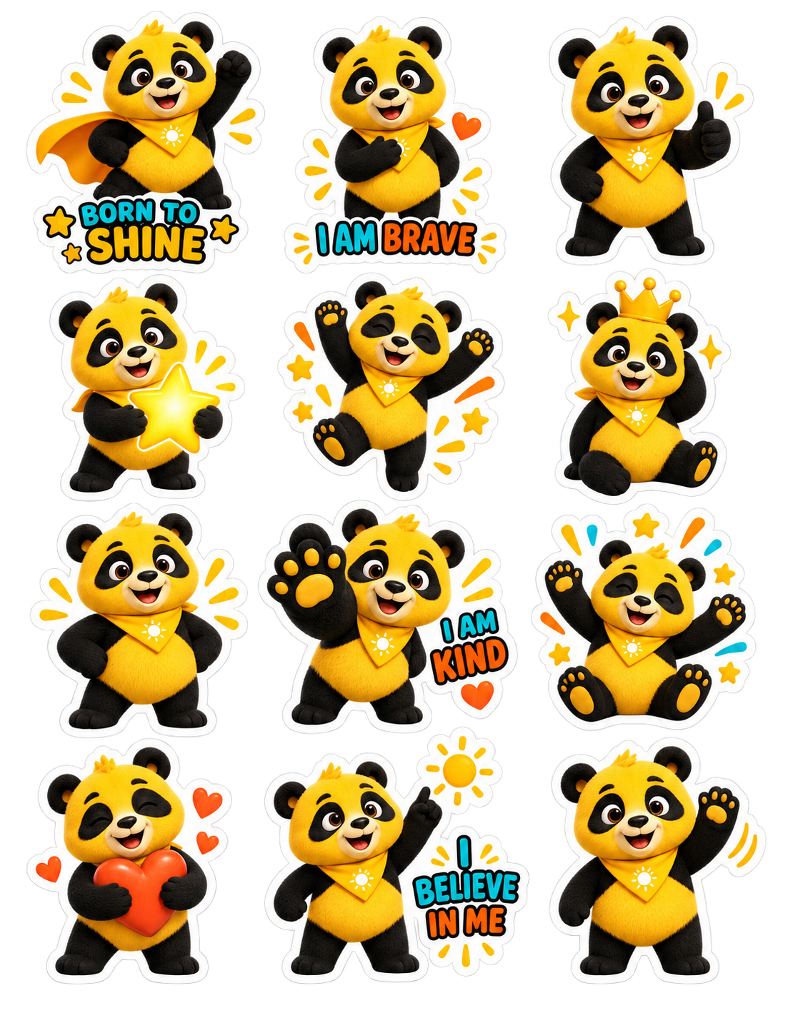 Born to Shine glossy sticker sheet with brave, kind, confident Sunny poses
