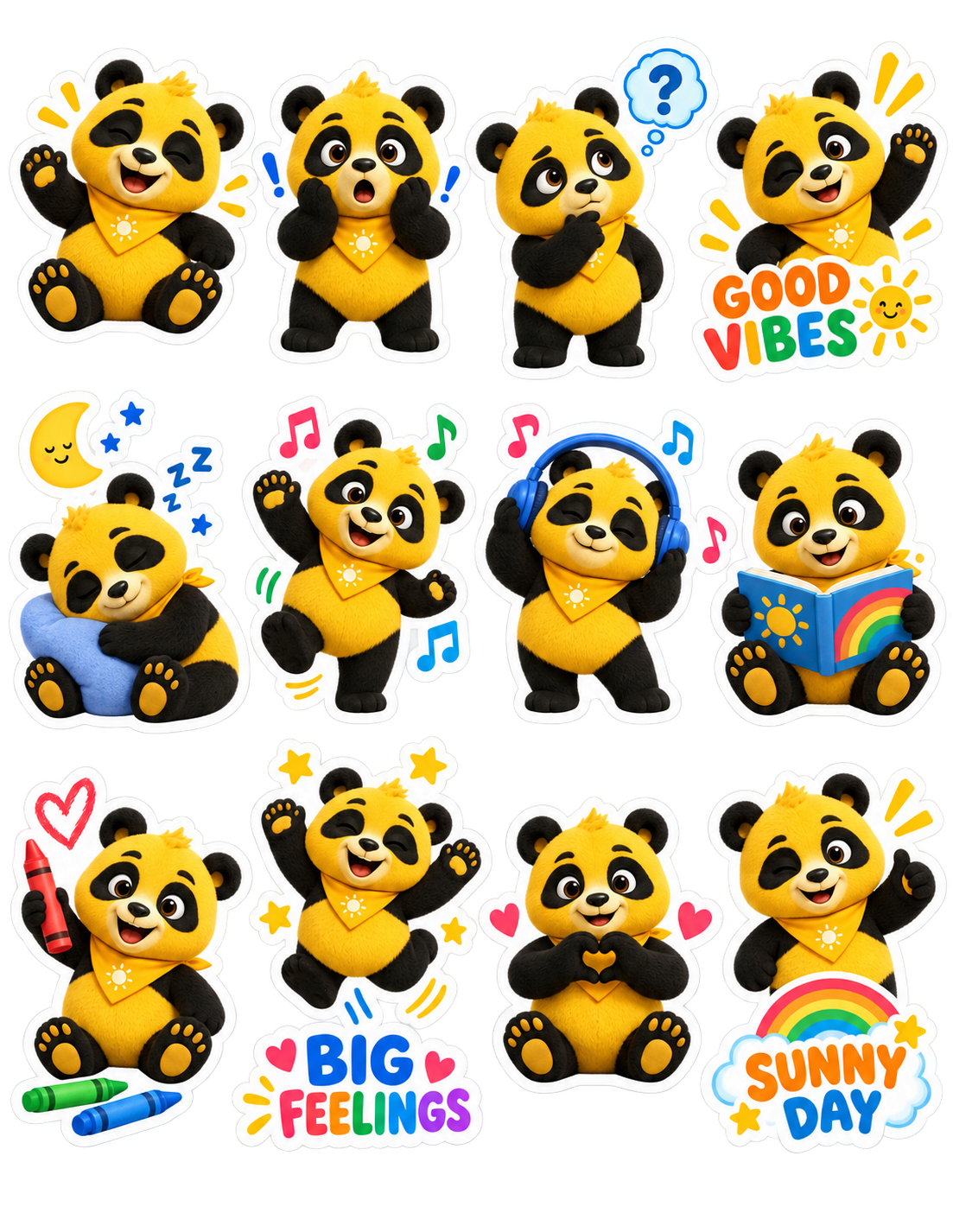 Sunny Day glossy sticker sheet with feelings, music, reading, art, and rainbows