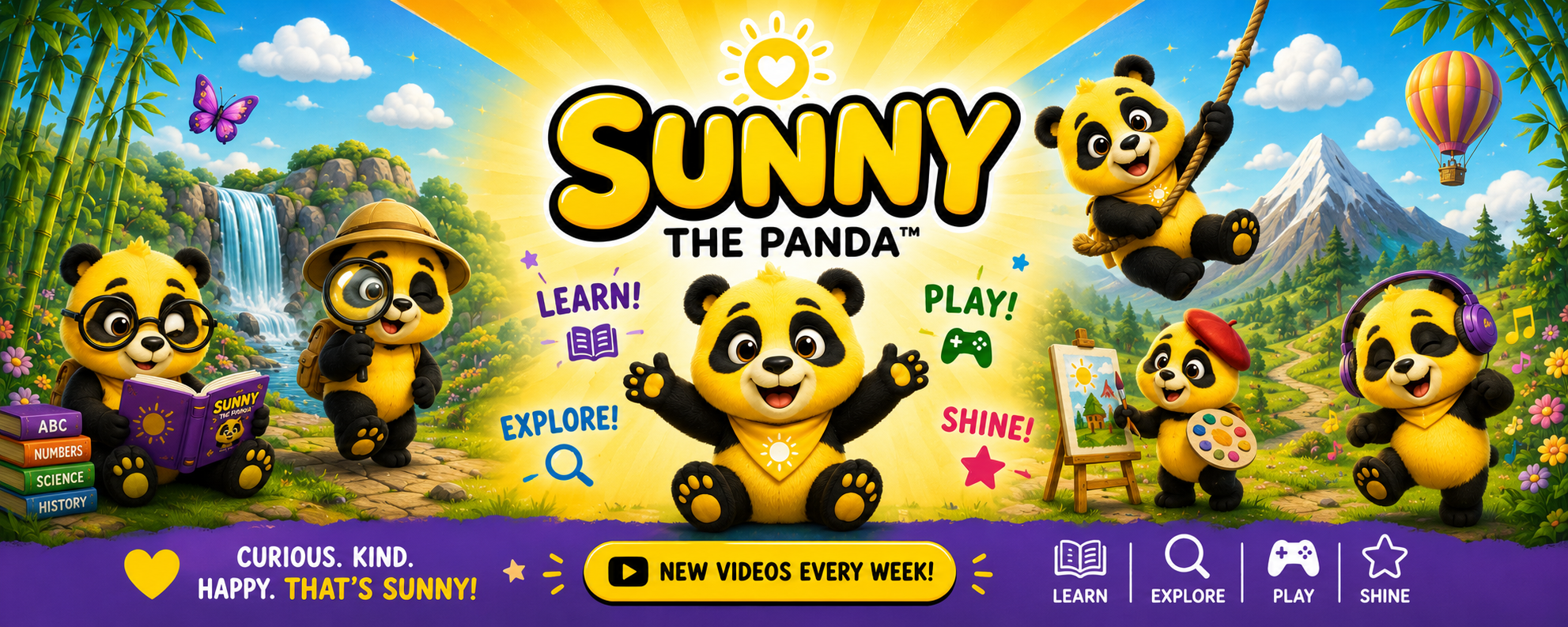 Sunny the Panda and friends learning, exploring, playing, and shining