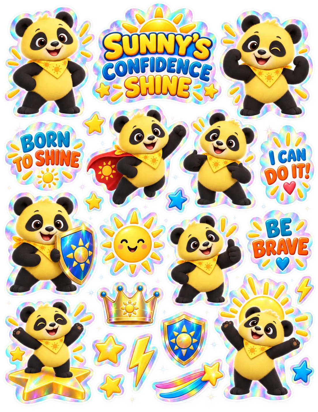Sunny's Confidence Shine holographic sticker sheet with brave and encouraging messages