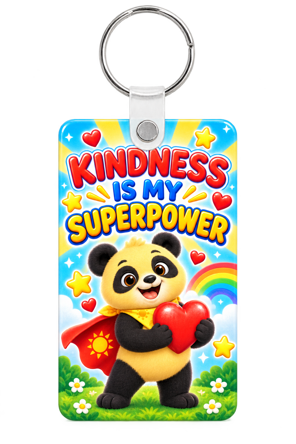 Kindness Is My Superpower Sunny the Panda backpack tag with a heart and rainbow