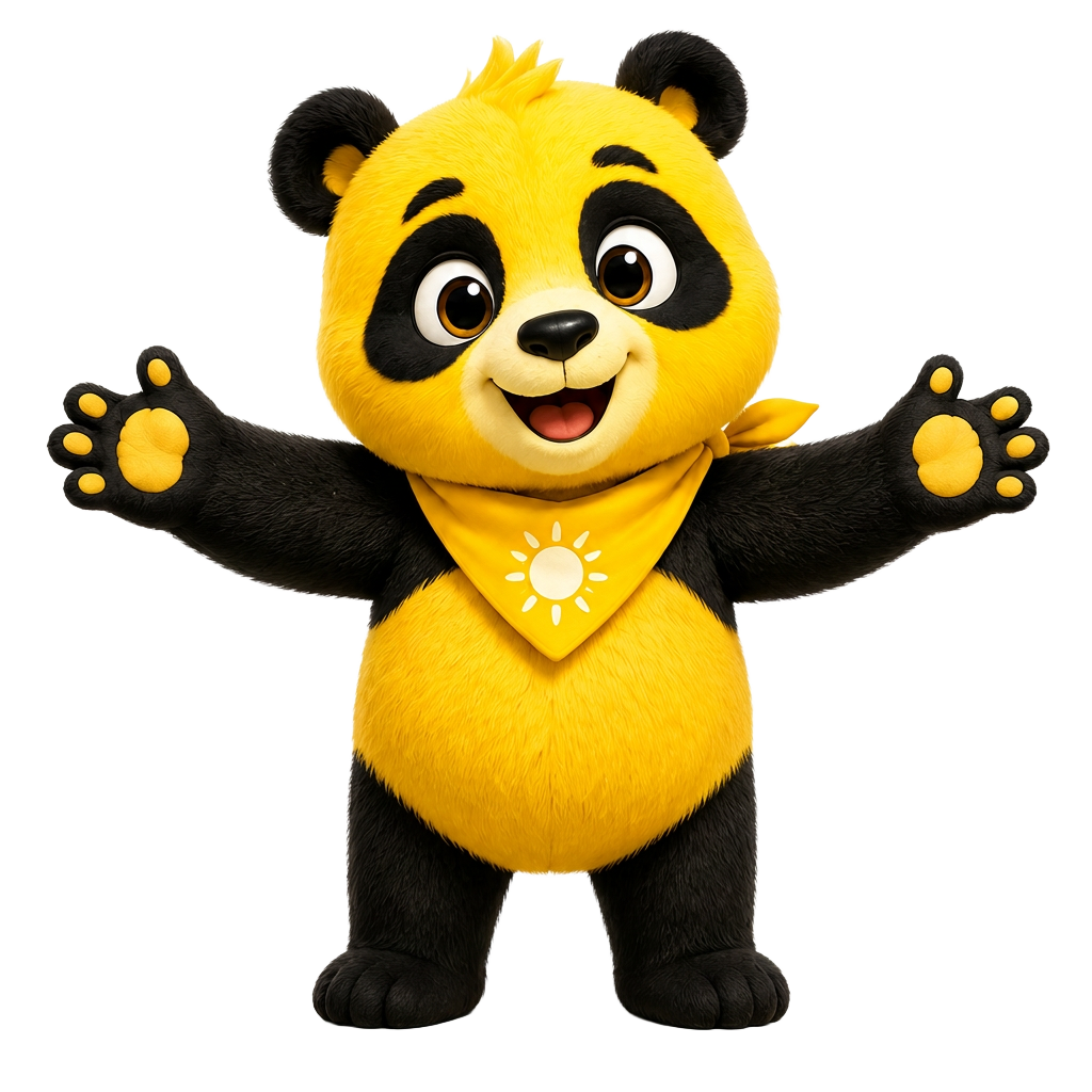 Sunny the Panda standing with arms wide open, ready to learn and play