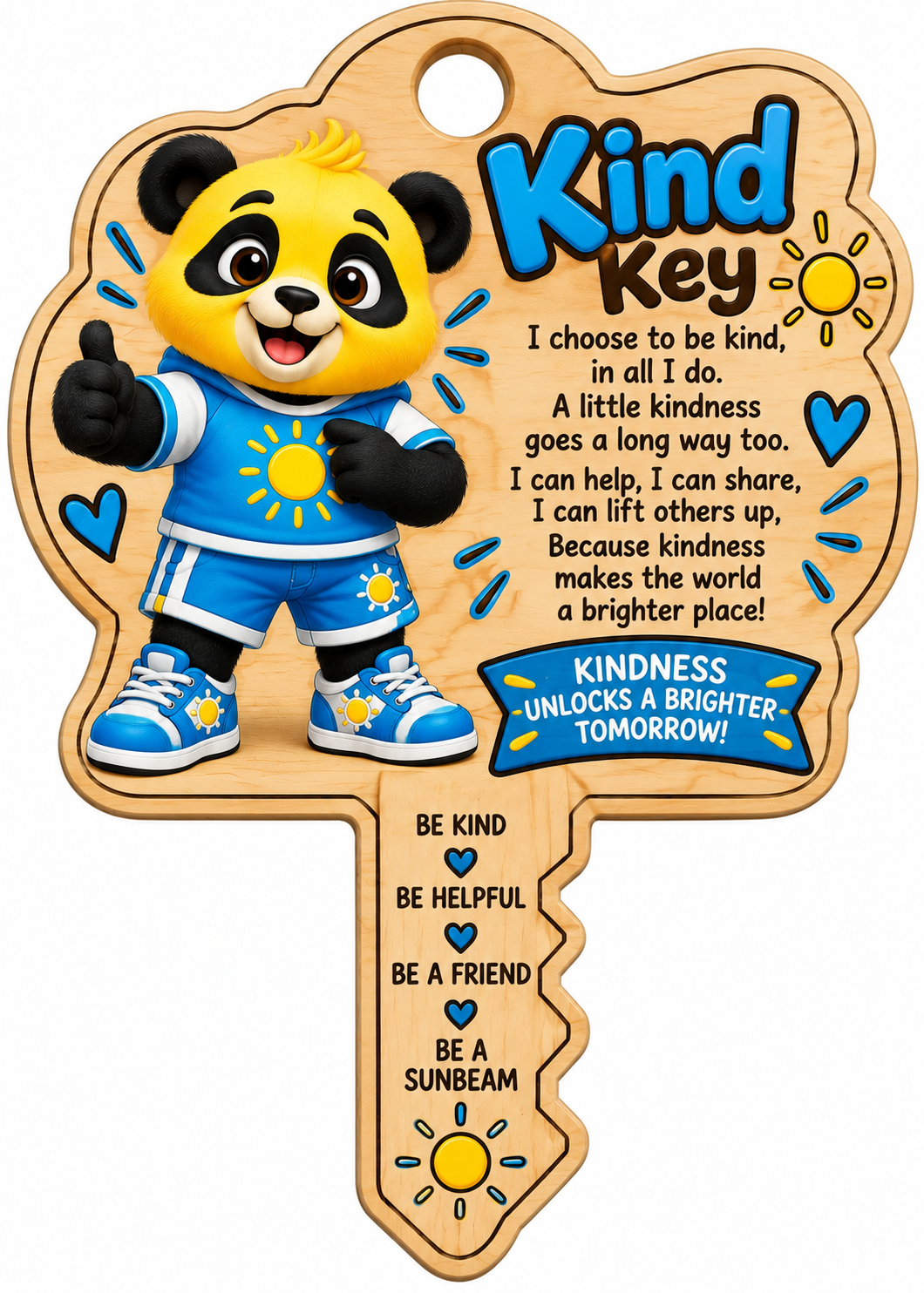 Sunny's Kind Key, a wooden key keepsake with Sunny in blue and the kindness pledge