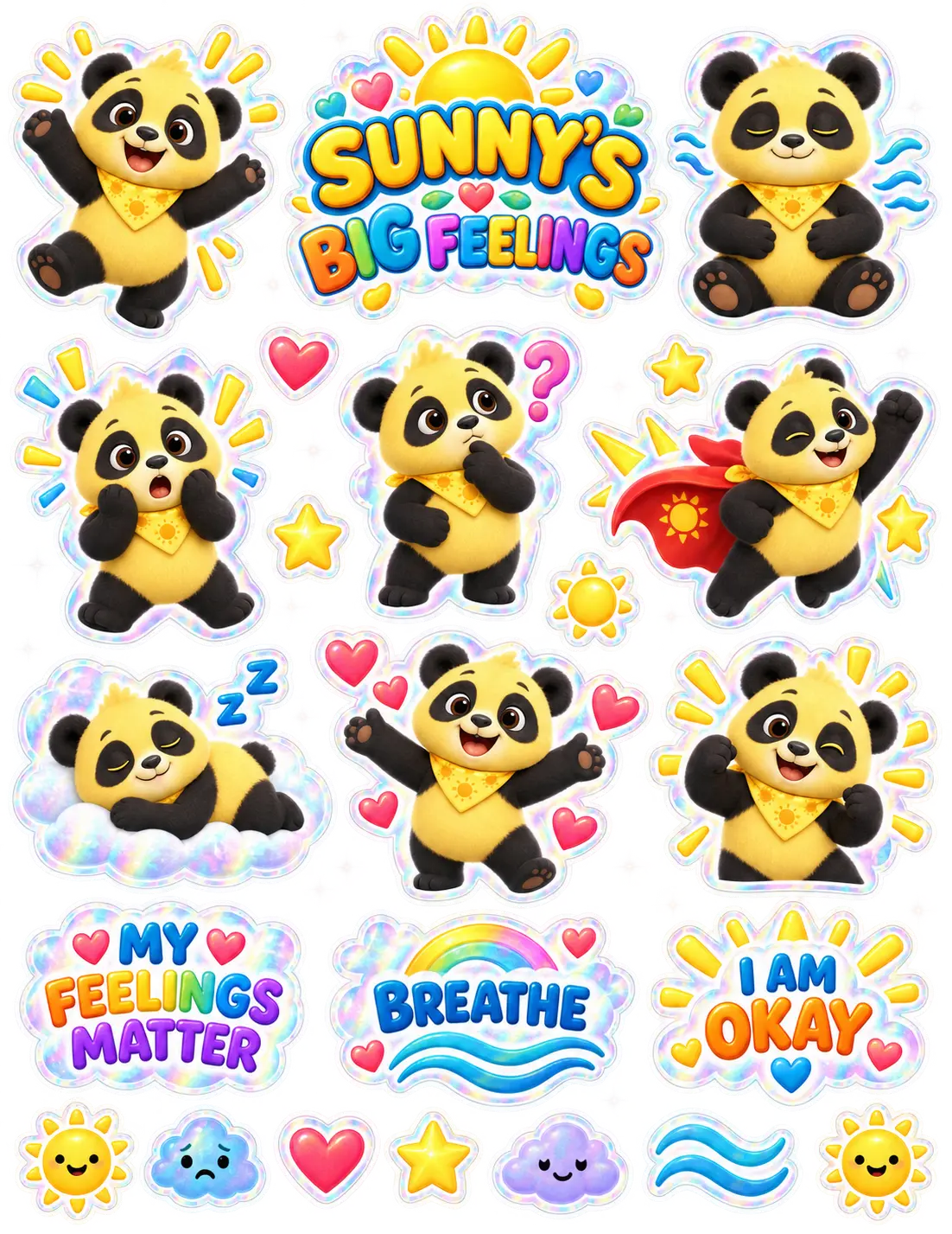 Sunny's Big Feelings holographic sticker sheet with emotions, breathing, and reassurance