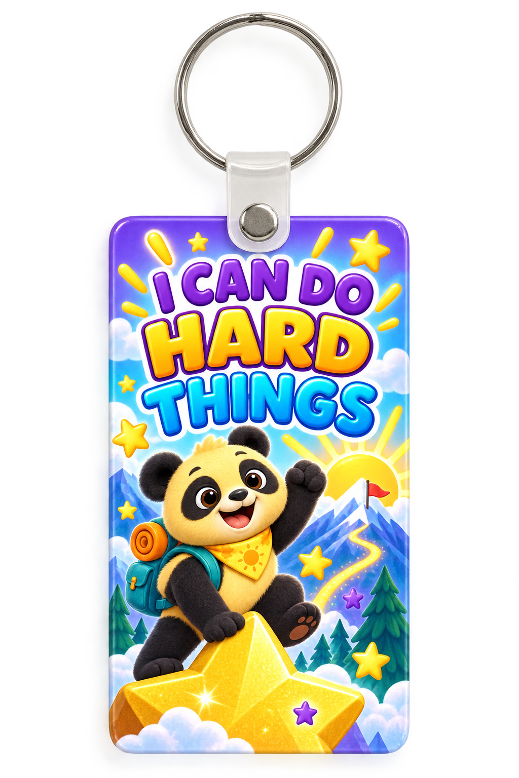 I Can Do Hard Things Sunny the Panda backpack tag with a mountain adventure