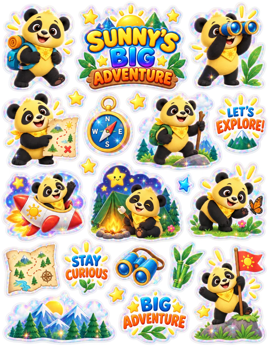 Sunny's Big Adventure holographic sticker sheet with nature, maps, camping, and exploration