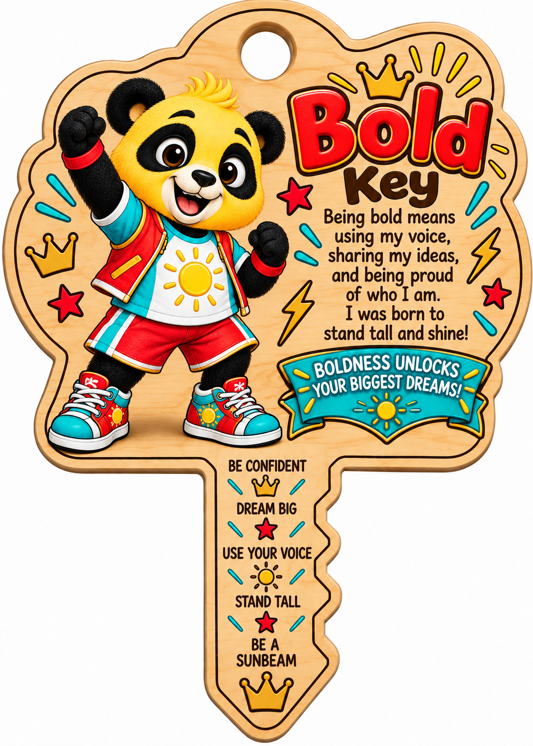 Sunny's Bold Key, a wooden key keepsake with Sunny in red and the boldness pledge
