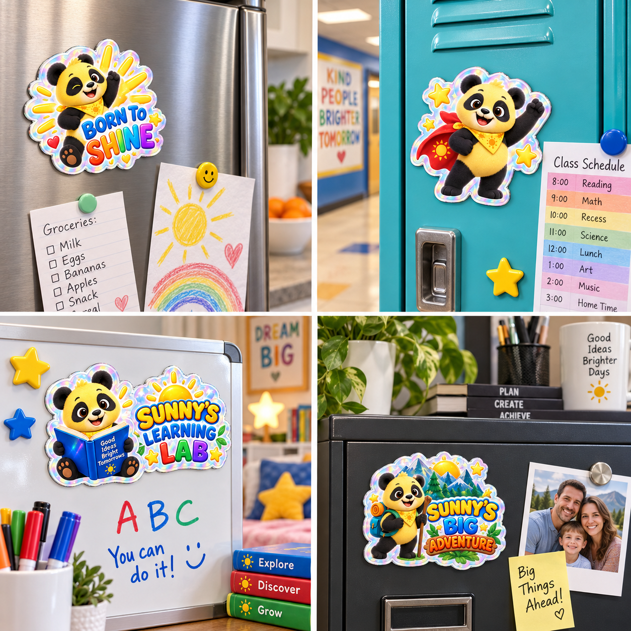 Sunny magnets shown on a refrigerator, school locker, whiteboard, and filing cabinet