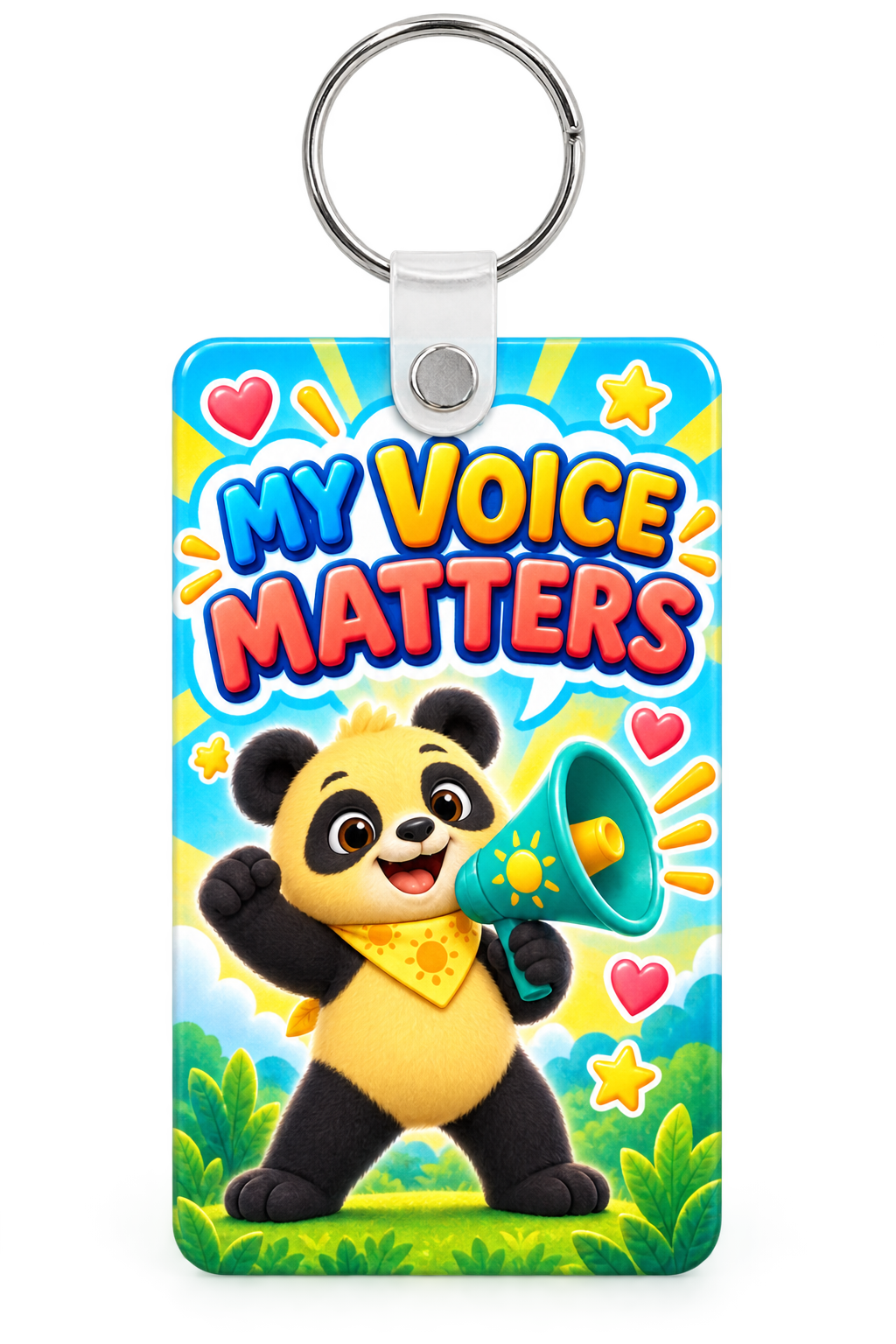 My Voice Matters Sunny the Panda backpack tag with a megaphone and hearts