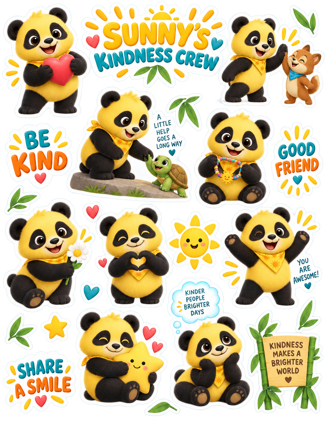Sunny's Kindness Crew glossy sticker sheet with friendship, caring, and kindness designs