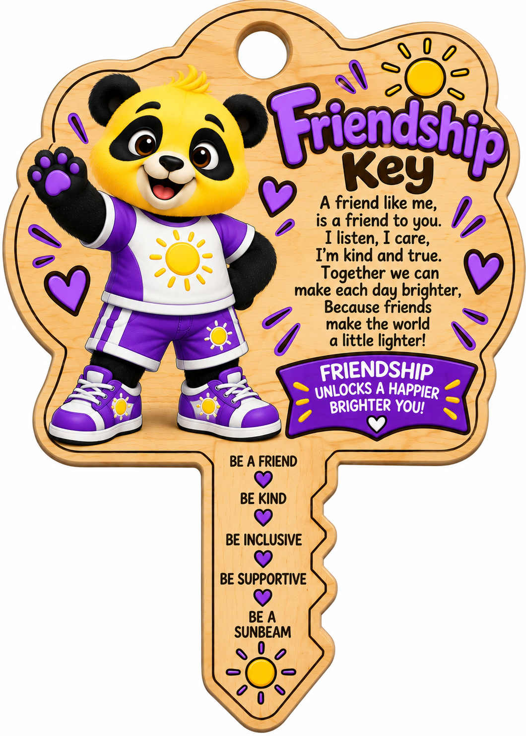 Sunny's Friendship Key, a wooden key keepsake with Sunny in purple and the friendship pledge