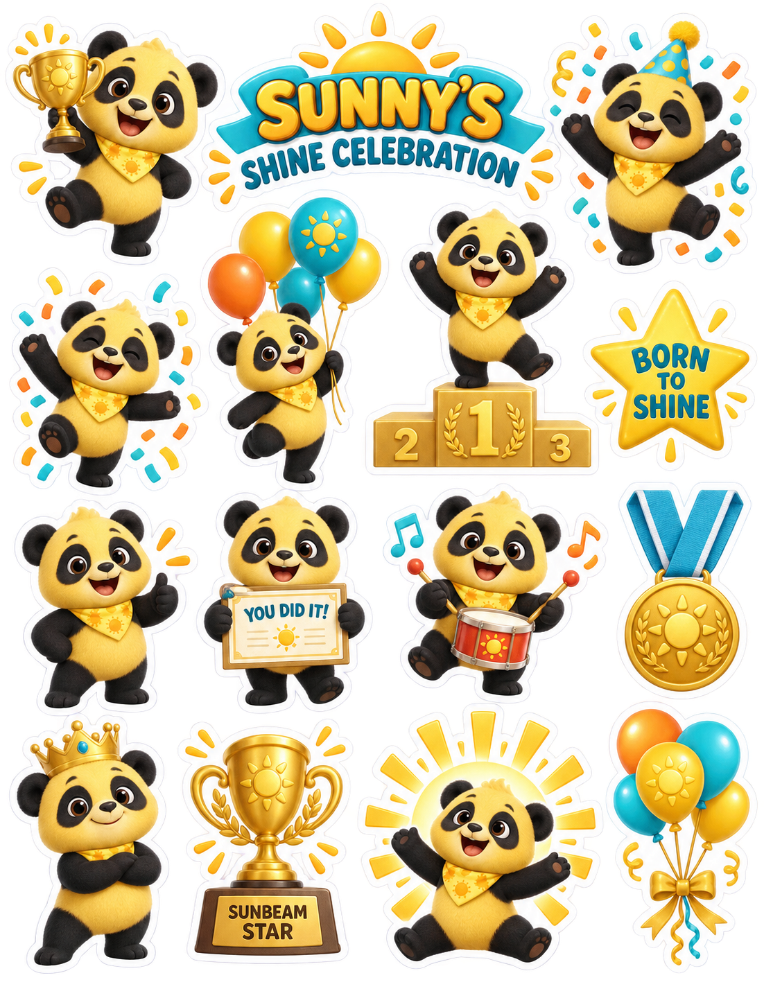 Sunny's Shine Celebration glossy sticker sheet with trophies, medals, balloons, and awards