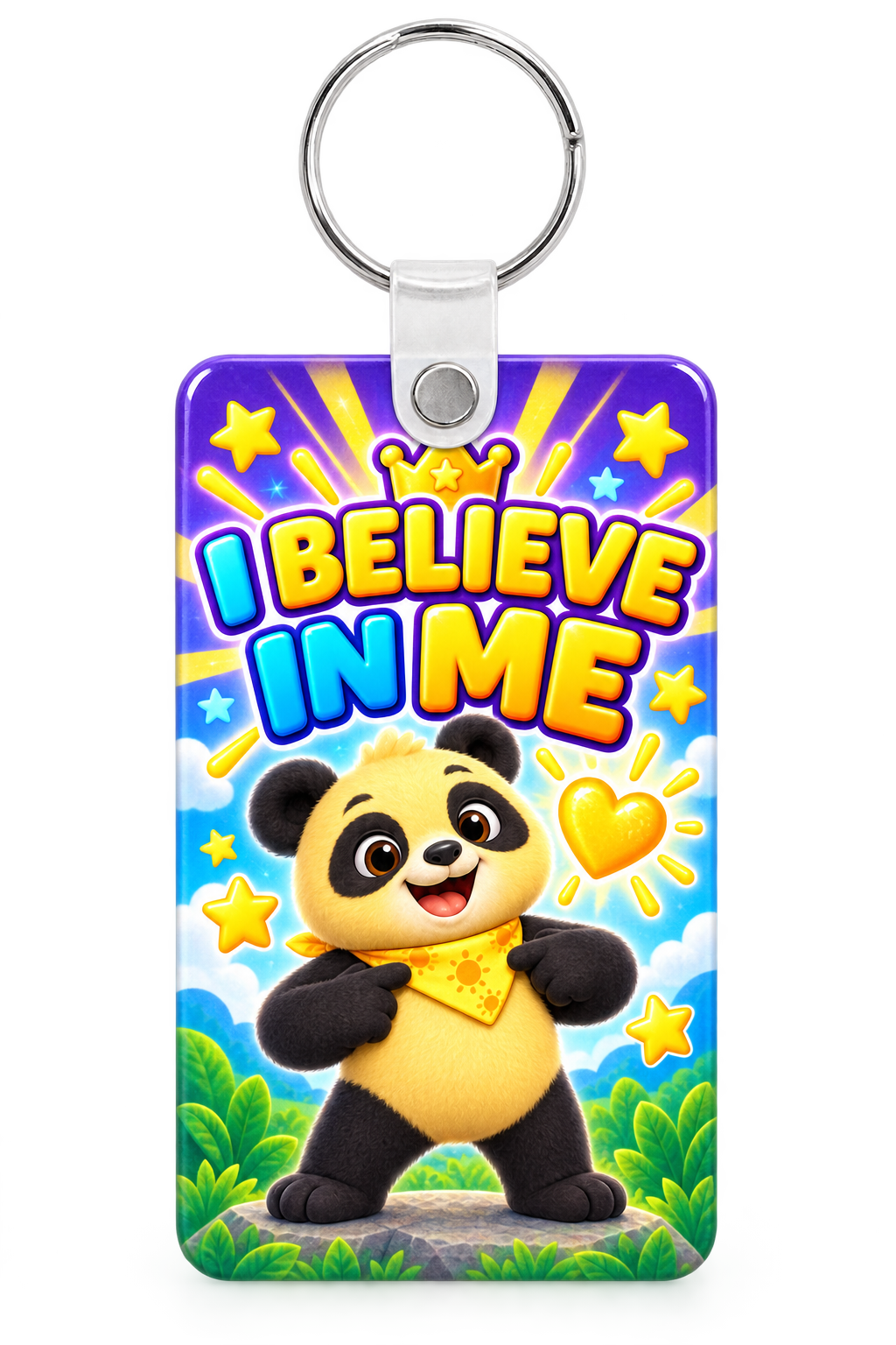I Believe in Me Sunny the Panda backpack tag with a crown and golden heart