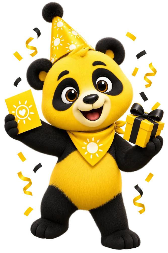 Sunny the Panda celebrating a birthday with a party hat, card, gift, and confetti