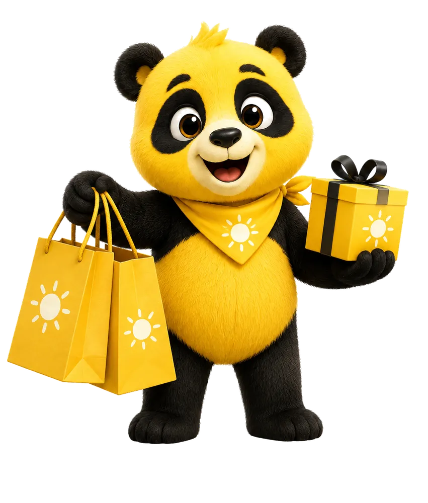 Sunny the Panda holding cheerful yellow shopping bags and a gift box