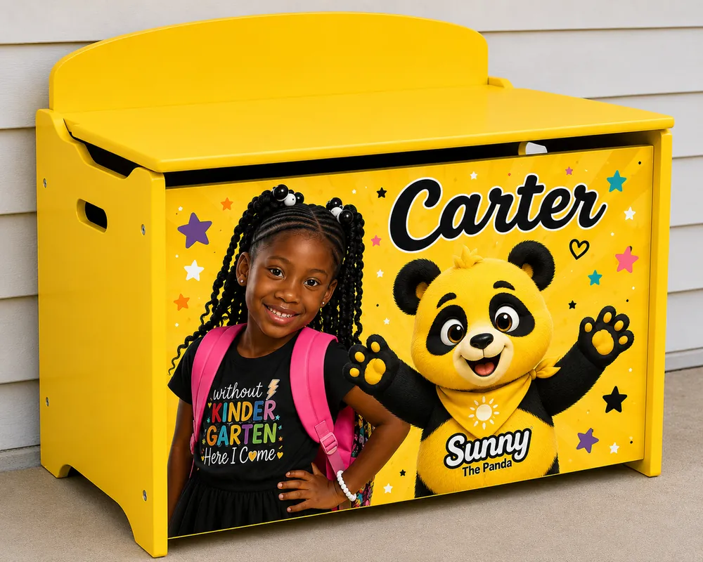 Personalized Sunny the Panda toy chest with a child's name