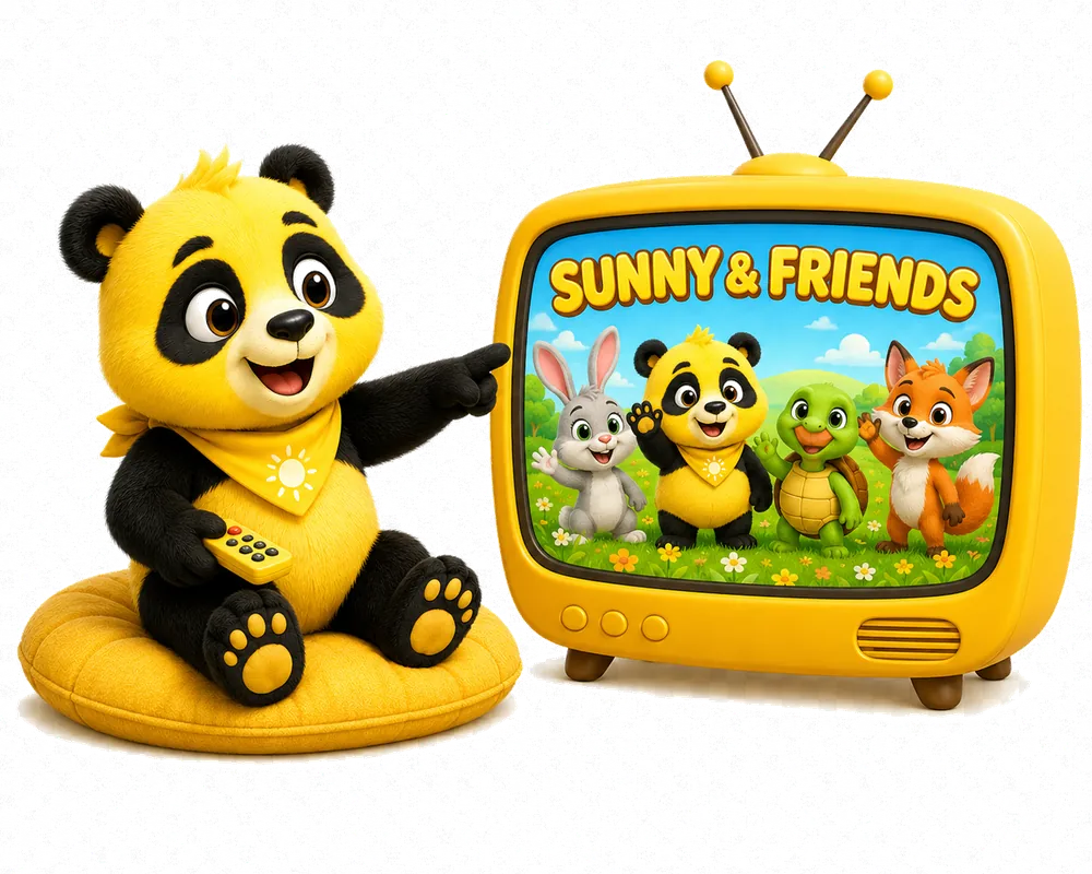Sunny the Panda watching Sunny & Friends on a cheerful yellow television